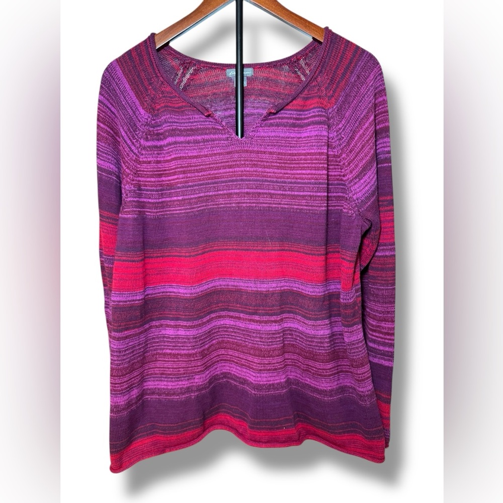 Eddie Bauer Women's V-Neck Sweater - Berry and Crimson Stripes Sz XXL‎ EUC